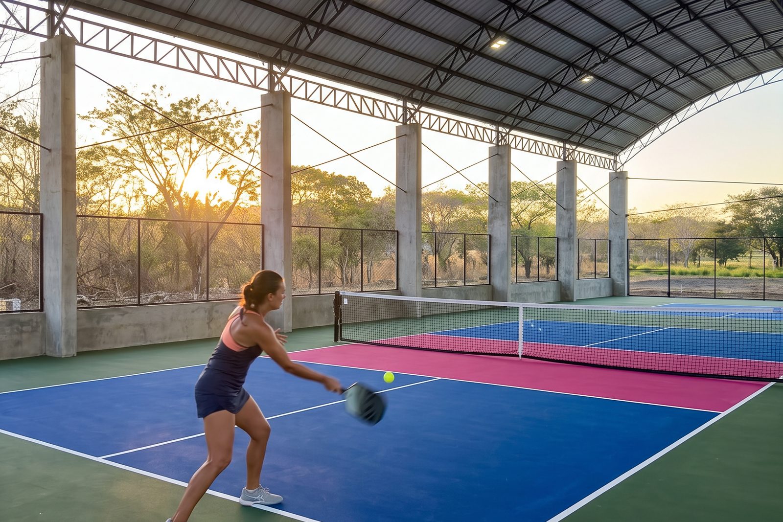 A pickleball player stretching for a low ball on a covered court in warm golden-hour light
