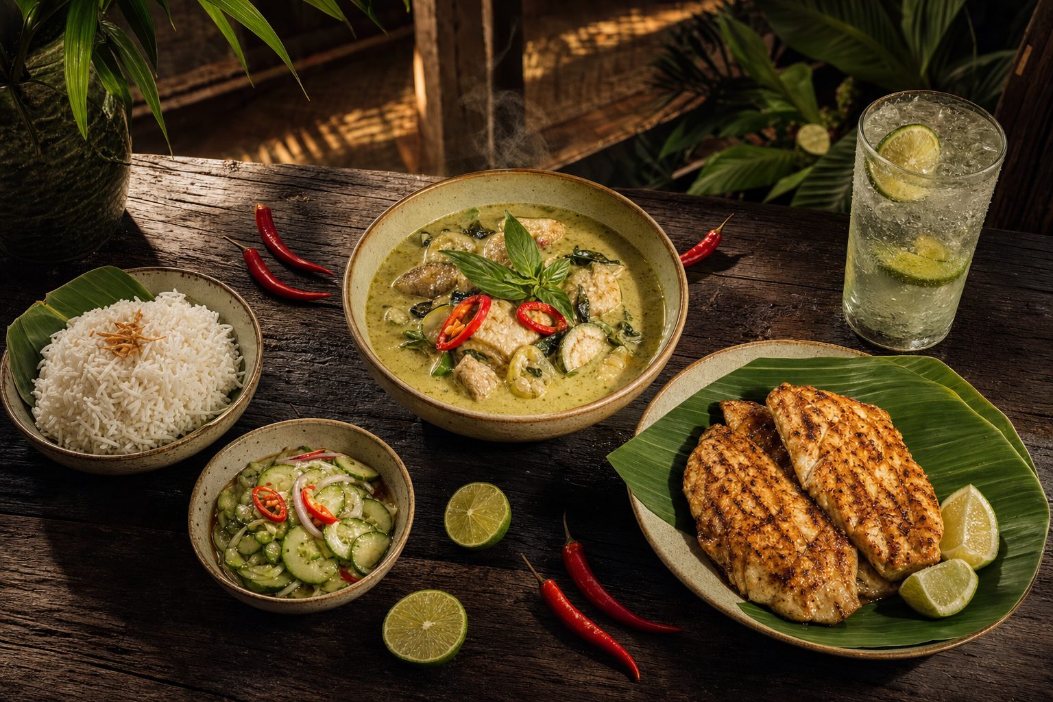 Thai sharing dishes on a dark wooden table: green curry, grilled mahi mahi with lime, jasmine rice and cucumber pickle