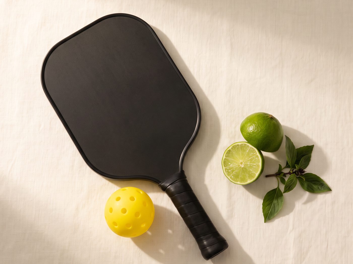Still life with a pickleball paddle and ball, limes and Thai basil on linen